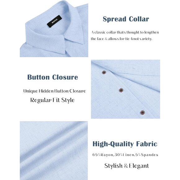 Men's Light Blue Linen Short Sleeve Button Down Casual Shirt Business Dress - Picture 5 of 6